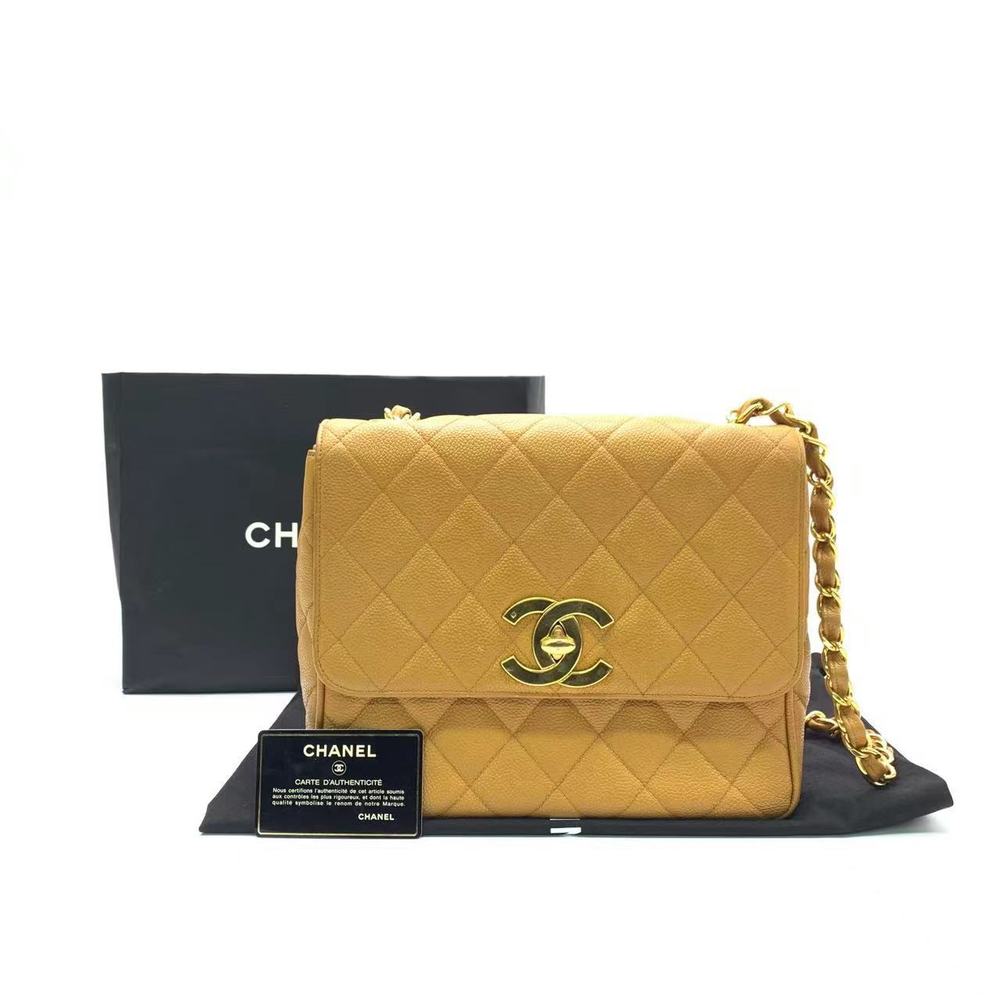 Chanel Classic Flap Vintage Camel Caviar Leather 24k Gold Plated Big CC Logo